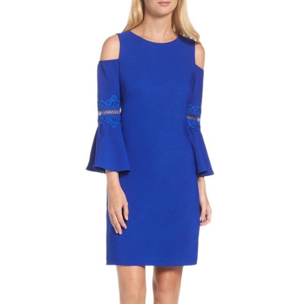 NWT Eliza J Sheath Dress‎ Women 10 Royal Blue Cold Shoulder Bell Sleeve Crochet